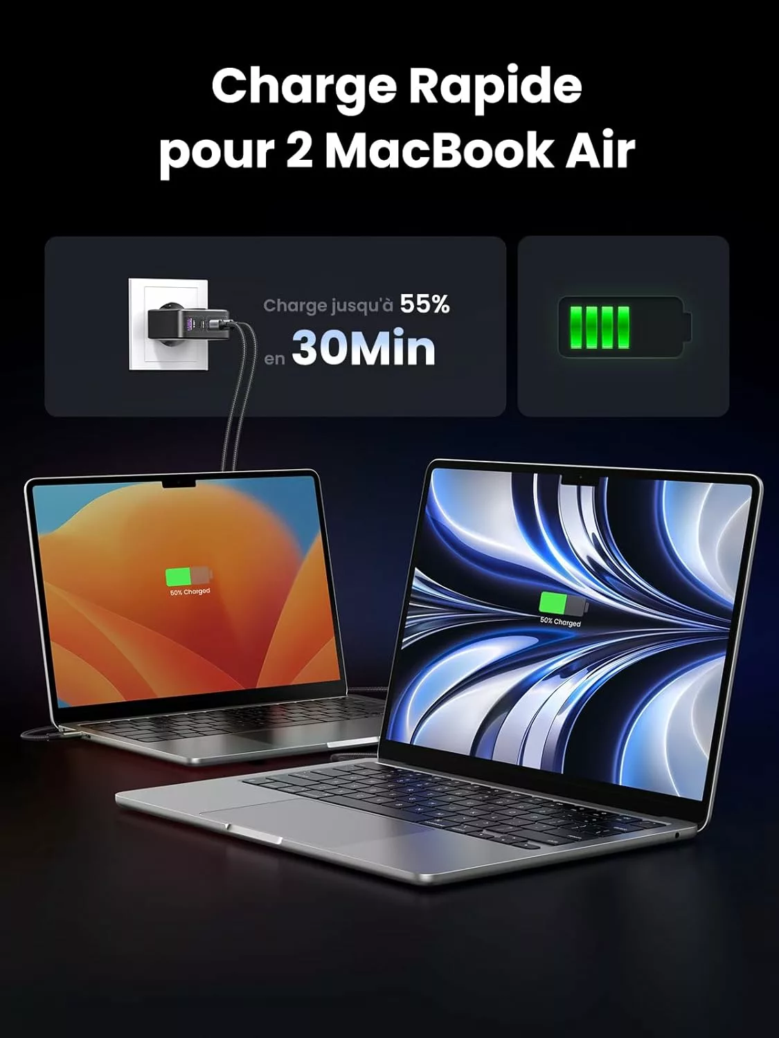 UGREEN Chargeur 100W 2C1A GaN avec cable Retractable USB-C – Image 3