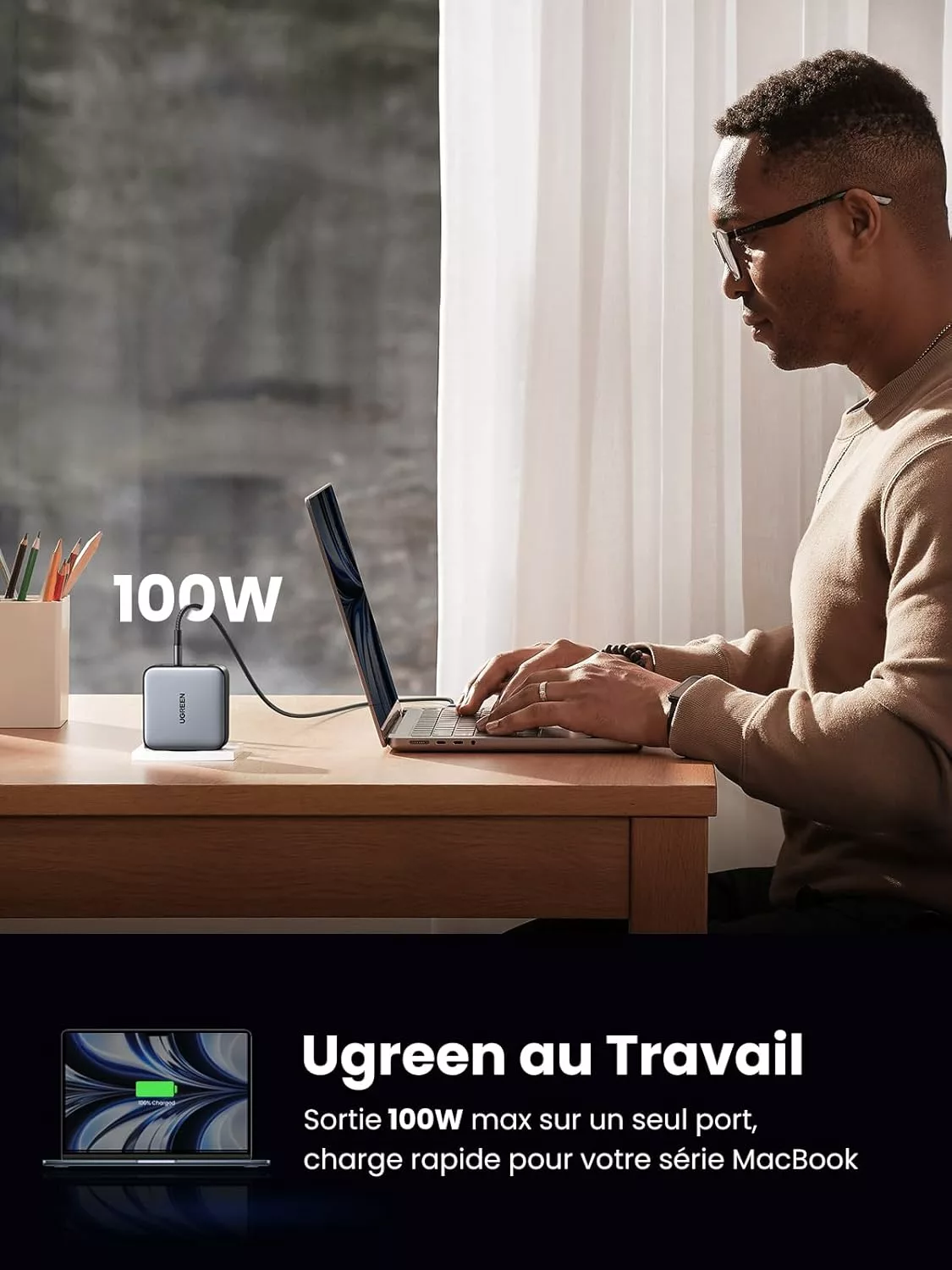 UGREEN Chargeur 100W 2C1A GaN avec cable Retractable USB-C – Image 2