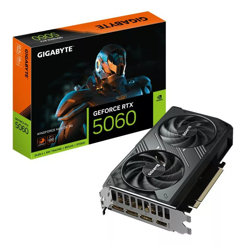 GIGABYTE GeForce RTX 5060 WINDFORCE MAX OC 8G Carte Graphique ? 8 Go GDDR7, 128 bits, PCI-E 5.0, 2512 MHz Fréquence du processeur, 3 x DisplayPort, 1 x HDMI, NVIDIA DLSS 4, GV-N5060WF2MAX OC-8GD