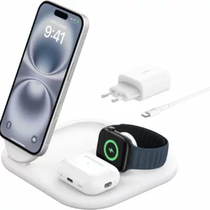 Belkin BoostCharge Socle de Recharge 2-en-1 aimanté et Pliable Qi2, 15W, Compatible MagSafe Chargeur sans Fil, Recharge Rapide, Apple iPhone 17, iPhone Air, Pixelsnap, Adaptateur Inclus - Blanc