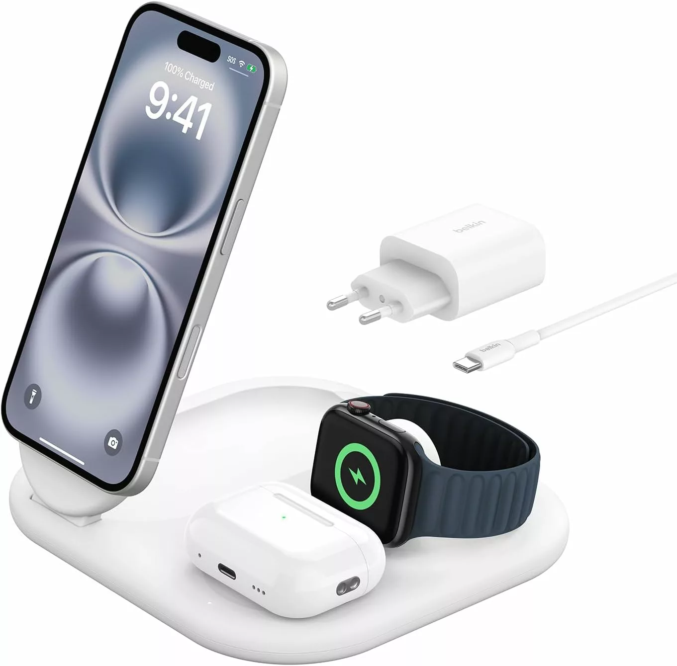 Belkin BoostCharge Socle de Recharge 2-en-1 aimanté et Pliable Qi2, 15W, Compatible MagSafe Chargeur sans Fil, Recharge Rapide, Apple iPhone 17, iPhone Air, Pixelsnap, Adaptateur Inclus - Blanc