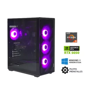 Ryzen5 5500 - B550M - RTX5050 8Go - VENGEANCE DDR4 16Go - SSD 1To - 650W - Windows 11 en version d'essai avec ses pilotes preinstalles.