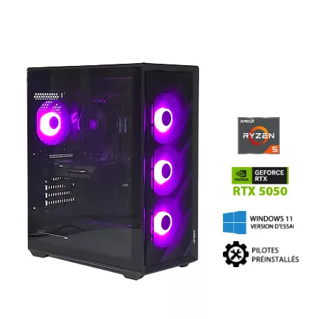 Ryzen5 5500 - B550M - RTX5050 8Go - VENGEANCE DDR4 16Go - SSD 1To - 650W - Windows 11 en version d'essai avec ses pilotes preinstalles.