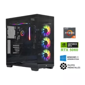 Ryzen5 7500F - B650M - RTX5060 8Go - VENGEANCE DDR5 16Go - SSD 1To - USB Type-C en facade - LAN 2.5 GbE - Watercooling - 650W - Windows 11 en version d'essai avec ses pilotes preinstalles.