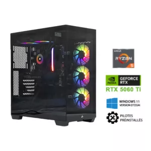 Ryzen5 7500F - B650M - RTX5060Ti 8Go - VENGEANCE DDR5 16Go - SSD 1To - USB Type-C en facade - LAN 2.5 GbE - Watercooling - 650W - Windows 11 en version d'essai avec ses pilotes preinstalles.