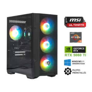 Ryzen5 7500F - B840M - RTX5060Ti 8Go - VENGEANCE DDR5 16Go - SSD 1To - LAN 2.5 GbE - 650W - Windows 11 en version d'essai avec ses pilotes preinstalles.